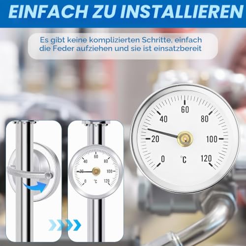 Pipe Thermometer Heating Pipe Stainless Steel Pack of 2 | Temperature display with clip-on 0-120 °C, portable pipeline thermometer, monitoring pipe temperature (with 2 springs)