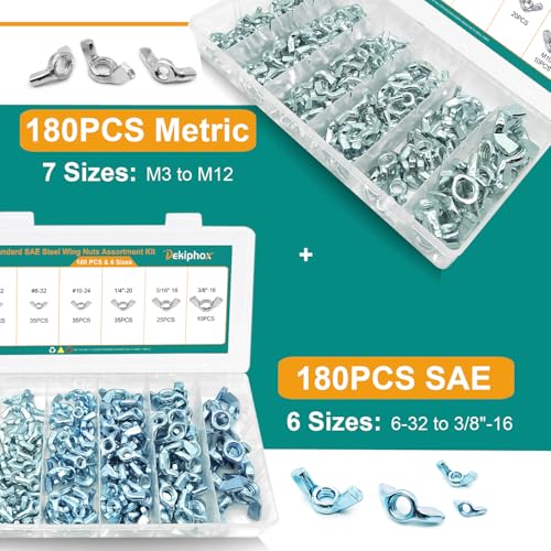 360PCS Wing Nuts Assortment Kit, Metric & SAE Wingnuts 13 Sizes 360PCS Metric & SAE