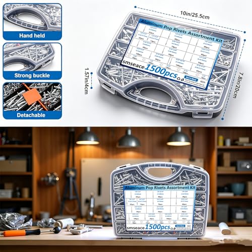smseace 1500Pcs Pop Rivets with 304 Stainless Steel Washers Assortment Kit Packed in Handheld Box 14-Sizes (3/32" 1/8" 5/32" 3/16"1/4") Assorted Blind Rivets for Metal,Furniture,Automotive,Instrument Silver Aluminum 1500pcs 14-Sizes