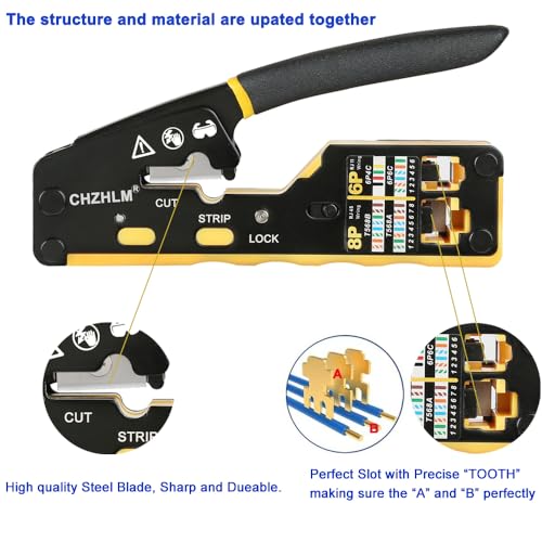 RJ45 Crimp Tool Kit Pass Through Crimper RJ45 Crimping Tool Stripper Cutter Crimper All-in-One for 8P RJ45 Cat5 Cat5e Cat6 6P RJ11/12 Telephone Connectors Network Enthernet Crimper kit 6P/8P RJ45 Crimp Tool Set