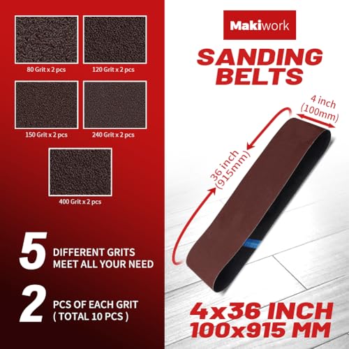 Sanding Belts & PSA Sanding Discs Set - 10 Pack 4x36 Inch Aluminum Oxide Belts (80/120/150/240/400 Grit) and 18 Pack 6-Inch Self-Adhesive Discs (80/100/120/180/240/400 Grit) for Wood, Metal Polishing 4x36 in belts + 6 in PSA discs