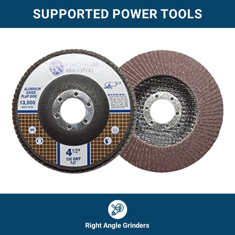 Benchmark Abrasives 4.5" x 7/8" Aluminum Oxide Flap Discs for Sanding, Grinding, Finishing, Stock Removal on Stainless Steel, Carbon Steel Alloys Metals (10 Pack) - 120 Grit