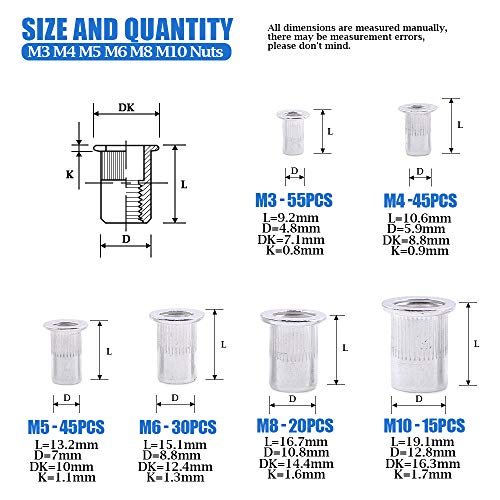 Glarks 180Pcs 304 Stainless Steel Flat Head Threaded Rivet Nut Assortment Kit +210Pcs Aluminum Alloy Flat Head Metric Threaded Rivetnut Insert Nutsert Rivet Nut Assortment Kit
