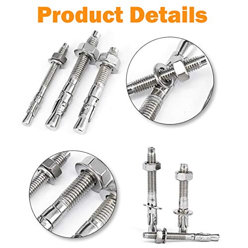 5/8" X 8" Concrete Anchor, 304 Stainless Wedge Anchor with Excellent Anti-Rust Performance, 304(18-8) Stainless Steel Concrete Anchors and Screws Kit (5pcs) 5/8" X 8"