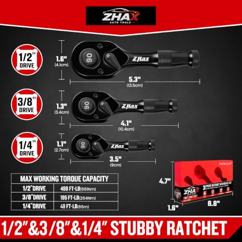 zhax 3PCS Stubby Ratchet Set, 1/4", 3/8", 1/2" Drive Mini Ratchet Wrenches 1/4", 3/8" & 1/2" Stubby Ratchets