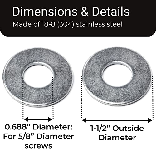 Bolt Dropper 5/8" Stainless Flat Washer (100 Pack), 1-1/2" OD 18-8 (304) Stainless Steel, Suitable for Factories Repair, Kitchens, Shops, and Outdoor Construction by Bolt Dropper 5/8" x 1-1/2" - 100 pcs