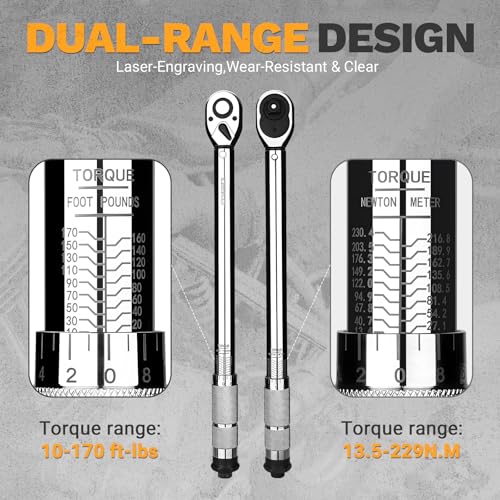 DEKOPRO Torque Wrench 1/2 Inch Drive Click, 10-170 Ft-Lb/13.5-229 Nm Car Torque Wrench, ±3% High Precision, 72 Tooth Torque Wrenches with Dual-Direction Adjustable for Bicycle, Car, Moto 1/2 Inch (10-170 ft.-lb.)