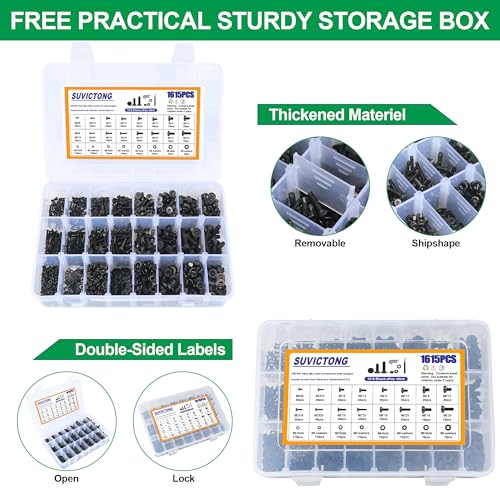 1615PCS Metric M2 M3 M4 M5 Hex Socket Flat Head Screws Countersunk Bolts Assortment Kit with Nuts/Washers,10.9Grade Alloy Steel Thread Hexagon Allen Machine Bolt with 4 Hex Wrenches 1615pcs-FlatScrews