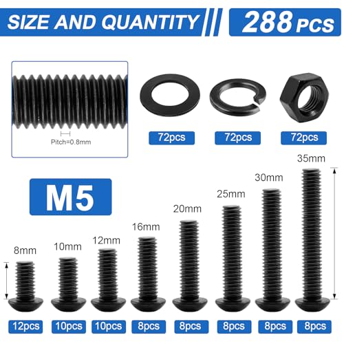 192Pcs UIETUIL M6 Hex Socket Button Head Screws Kit, M6x8-35mm, 10.9 M6 Button 10.9 - 192PCS