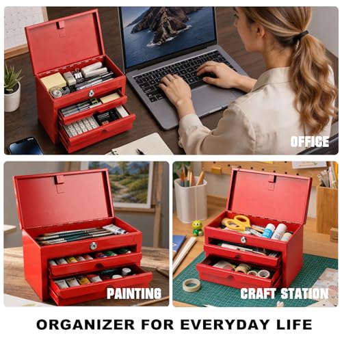 JACK BOSS Mini Tool Box with Two Drawers and Lockable Top Storage,Red Red