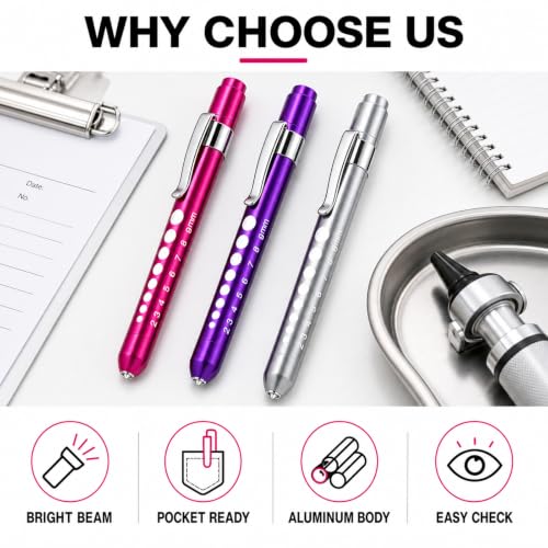 Zolara Led Stiftlampe, Pupillenleuchte Set, LED Taschenlampe Augenleuchte, Taschenlampe mit Clip und Skala, für Augenuntersuchungen, Notfall und Pflegezubehör, Lila, Silber, Rosa
