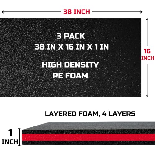 ONREVA Tool Box Foam Organizer 38x16x1 inch 3Pack, Kaizen Sheets for Pro Tool Control, Custom Tool Shadow Inserts for Cases & Drawers, High Density Polyethylene Foam, Black with Red