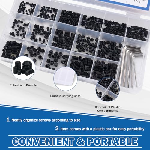 1130PCS Set Screws, 32 Sizes Metric & SAE Set Screw Assortment Kit 1130PCS-Black