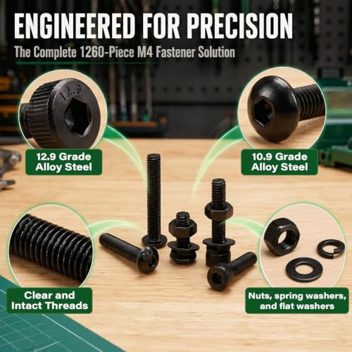 Sutekus 1260Pcs M4 Screws Kit, 12.9 Grade Carbon Steel Black Oxide Hex Socket Button & Cap Head Bolts, Metric Assortment with Nuts Flat Washers Lock Washers, 6-40mm