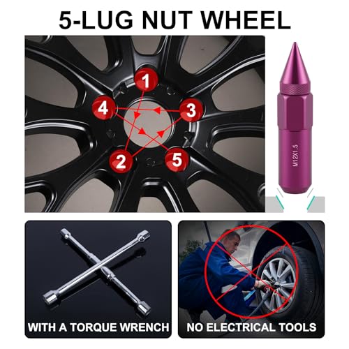 SINGARO 20PCS M12X1.25 Wheel Lug Nuts, Cap Spiked Extended Tuner 60mm Aluminum Wheels Rims Lug Nuts (Purple) Purple