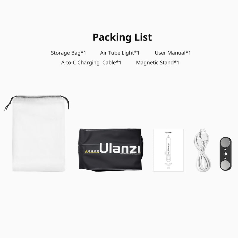 Ulanzi UA12 Bi-Color Inflatable Tube Light, Foldable LED Video Light for Photography, 2700K-6500K, 12W 2500mAh Rechargeable Photography Light Bar 1/4" Mount LED Lighting Wand Stick for Video Shooting 12W Bi Color