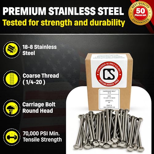 Chenango Supply 1/4-20 x 4 Stainless Steel Carriage Bolts 1/4-20x4