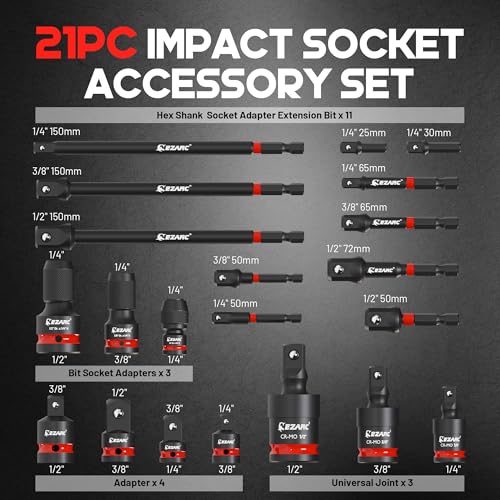 EZARC 21PCS Impact Socket Adapter Set with Swivel Joints and Couplers
