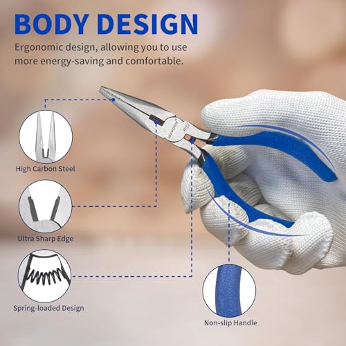 KAIHAOWIN 5" Mini Needle Nose Pliers - 10 Pack, Small Precision Pliers Set for Jewelry Making & Crafts, Spring Loaded Long Nose Pliers with Wire Cutter, Rustless High Carbon Steel for Bulk Projects