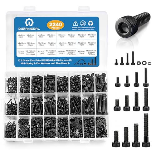 2240PCS Metric Screw Assortment M2-M5 & 470PCS Brass Heat Set Threaded Inserts M2-M6 Kit, 12.9 Grade Alloy Steel Hex Socket Bolts Black Zinc Plated with Allen Wrench for 3D Printing & Plastic Componen