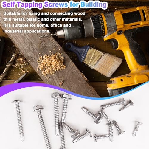 mxuteuk 440PCS #8#10 Self Tapping Screws for Metal 410 Stainless Steel Screws Assortment Set Truss Head & Hex Head & Flat Head Self Tapping Screws (Length 1/2" to 2")