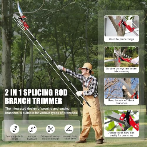 Pole Saw for Tree Trimming 2-in-1 Tree Pruner with Saw & Pruning Scissors - 11FT Extendable Tree Trimmer for High Branch Trimming, Yard, Garden & Orchard Red