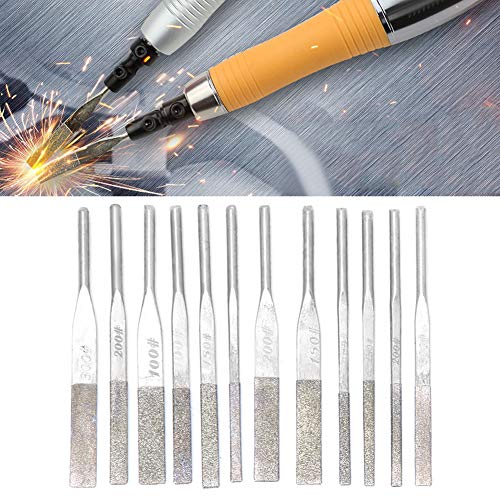 12pcs 3mm Shank Taper Machine Files for Reciprocating Grinding, Repairing, Stone Carving and Engraving with Emery Blade, Alloy Shank and 100#,150#,200#,300# Grit