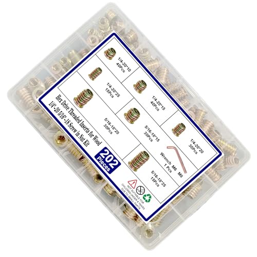 200pcs Threaded Inserts for Wood,1/4"-20 5/16"-18 Screw in Nut Kit,10 Sizes 1/4"-20 / 5/16"-18 Assortment Kit