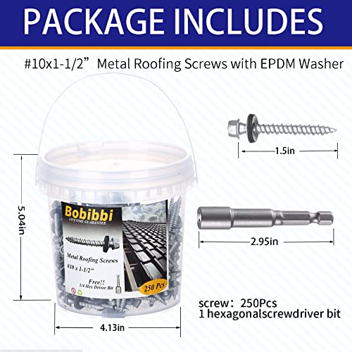 Metal Roofing Screws 10 x 1-1/2 inch, Hex Head Sheet Metal Roof Screw with EPDM Washer for Corrugated Roofing (250Pcs) 10X1-1/2‘’ Silver Ruspert