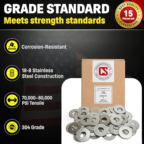 Chenango Supply 1/2 Stainless Steel Flat Washers – 304 Stainless, USS Standard, 100,000–125,000 PSI Tensile Strength, Corrosion-Resistant Hardware Washers, 50 Pieces (1/2 Flat Washer)