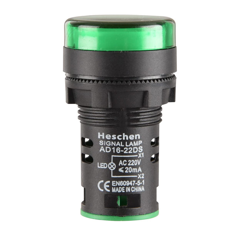 Heschen 22mm LED Indicator Light AD16-22D/S 220V AC 20mA Green Light Color Pack of 5