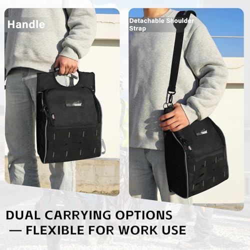 MELOTOUGH Electrician Tool Pouch with Shoulder Strap, Zippered Flip Cover Tool Pouch Bag with Multiple Storage Pockets for Electricians, Technicians, Maintenance Grey