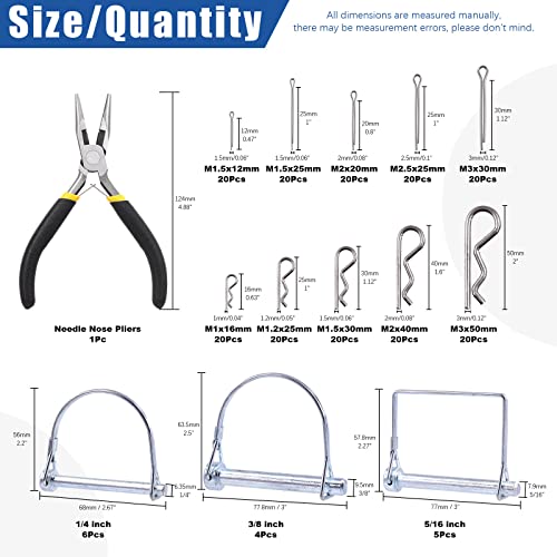 Glarks 216Pcs Pto Pins Shaft Locking Pin and Cotter Pins R Clips Set, 1/4", 5/16", 3/8" Trailer Coupler Pin and Cotter Pin Hairpins with Needle Nose Pliers for Cars Trailers Trucks Lawn Mower