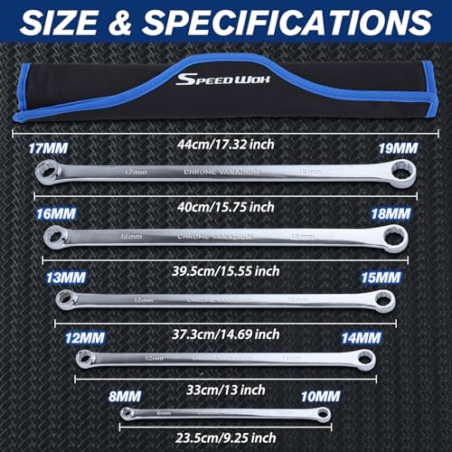 SPEEDWOX 5PCS Extra Long Double Box End Wrench Set Chrome Vanadium Steel Wrenches Mirror polished 8mm, 10mm, 12mm, 13mm, 14mm, 15mm, 16mm, 17mm, 18mm, 19mm, Organized in Rolling Pouch 5PCS Set (8*10, 12*14, 13*15, 16*18, 17*19)
