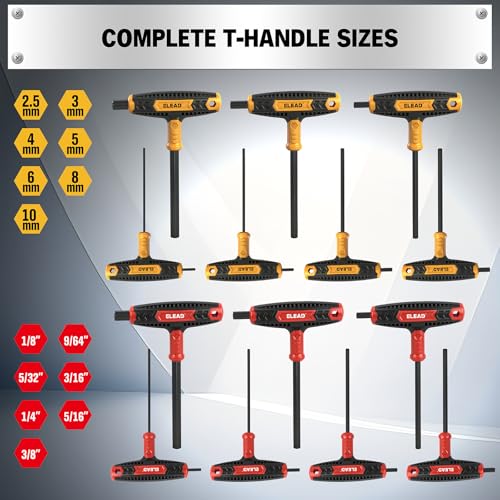 ELEAD 14-Piece T-handle Allen Wrench Set, Metric 2.5mm-10mm & SAE 1/8"-3/8" Portable Hex Key, Long Arm Allen Key Set with Storage Box for Basic Home Repair and Mechanical Maintenance T-Handle Version