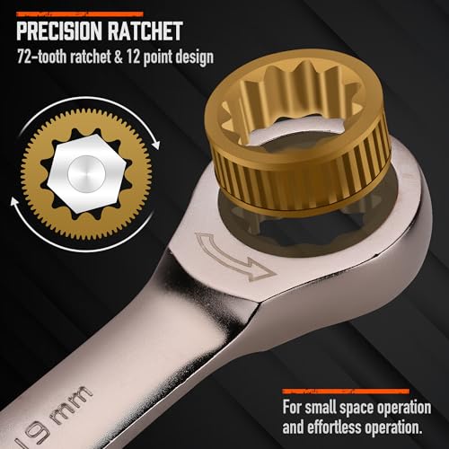 HORUSDY 12-Piece Metric Ratcheting Wrench Set | 8-19 mm | Ratchet Combination Wrenches Set with Organizer | 72-Teeth | Chrome Vanadium Steel 12-Piece Metric Ratcheting - Basic