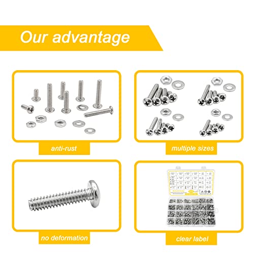 820Pcs 304 Stainless Steel Nuts and Bolts Assortment Kit, 10-24#8-32#6-32#4-40 Phillips Pan Head Assorted Nuts Bolts and Flat Washers with Case