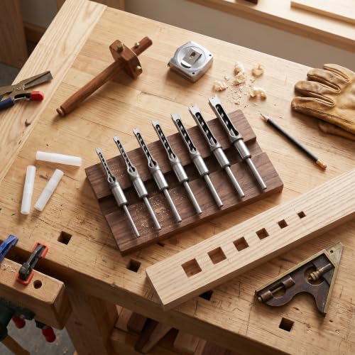 Garosa 7Pcs Square Hole Mortise Chisel Drill Bit Woodworking Hole Saw Square Drill Bits Kit 1/4in 5/16in 3/8in 2/5in 1/2in 9/16in 5/8in HSS Mortising Chisel Drill Bit Set with Storage Box