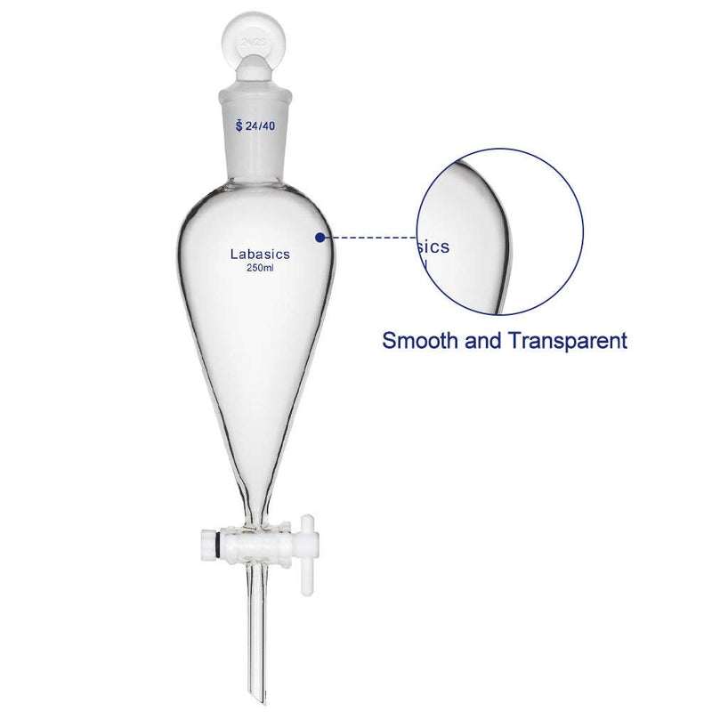 Labasics Borosilicate Glass 250ml Conical Separatory Funnel with PTFE Stopcock, 250mL 250 ml