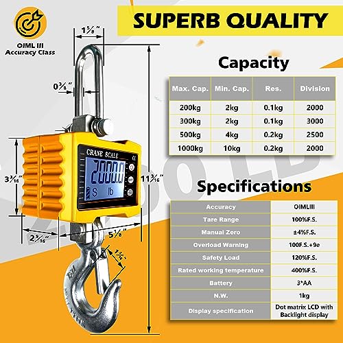 YATOINTO 2200lb Digital Crane Scale High Precision Heavy Duty Industrial Hanging Scale with Remote Control Aluminum Case CE Certified Electronic Weighing Crane Scale, for Garage Farm Hunting Fishing S-2200LBS-Yellow