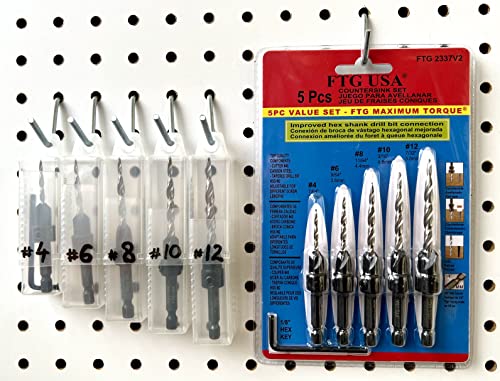 FTG USA Wood Countersink Drill Bit Set 5 Pc Countersink Drill Bit #4, 6, 8, 10, 12, Tapered Drill Bits with 1/4" Hex Shank Quick Change, Allen Wrench, and 6 Pc Storage Containers