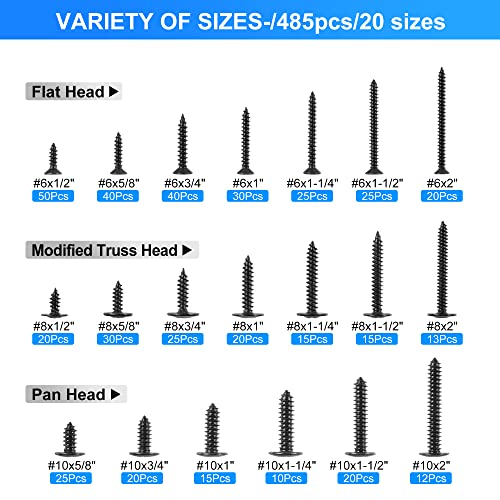 SATANTECH 485Pcs Black Wood Screws Assortment Kit, #6#8#10 Round Head & Truss Head & Flat Head, Self Tapping Screws, 20 Sizes Black Steel Length 1/2 to 2 inch #6#8#10 Truss/Round/Flat Head
