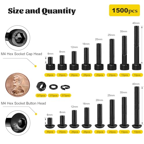 1500PCS M4 Hex Socket Button & Cap Head Bolts Assortment Kit and 288PCS M6 M8 M10 Flange Head Bolts Assortment Kit with Nuts, Washers, Black Zinc Galvanized