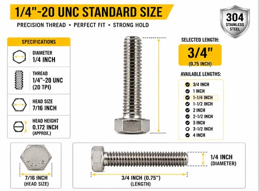 304 Stainless Steel Hex Bolt Kit 1/4"-20 UNC, Fully Threaded Machine Bolts with Nuts, Flat & Spring Washers (Set of 10, 1/4" x 3/4") 1/4" x 3/4" Set of 10
