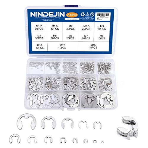 NINDEJIN 290pcs E-Clip Retaining Rings Assortment Kit (13 Sizes, 304 Stainless Steel) + NINDEJIN 480pcs C-Clip Snap Rings Assortment Set (15Sizes, Carbon Steel)