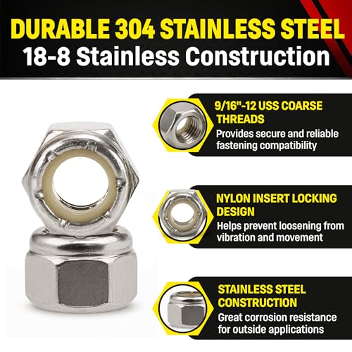 Stainless 9/16-12 Nylon Insert Lock Nuts, 304 Stainless Steel, 25 Pieces (9/16-12 Nylock)