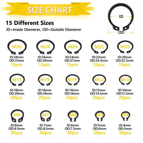 Snap Ring Shop Assortment, 650pcs Alloy Steel & 304 Stainless Steel Internal/External Retaining Rings, C-Clips for Axles, Shafts & Other Moving Parts