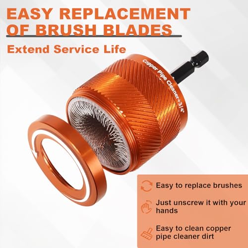 Pipe cleaner, copper pipe cleaner for drilling set - 2-piece, metal pipe cleaning brush set, professional pipe tools, for removing rust stains and paint stains (Orange) Orange