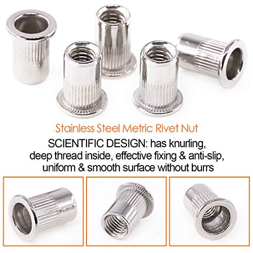Keadic 200Pcs M6 Metric Zinc Stainless Steel Plated Carbon Steel Rivet Nut Flat Head Threaded Insert Nutsert Kit for Automotive, Furniture, Decoration