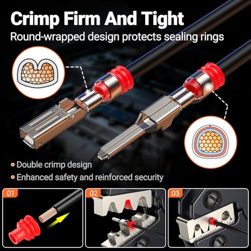 Ratchet Crimping Tool Kit with Crimper,18–14 AWG Wire Crimper, IP67 Waterproof Automotive Electrical Connectors 1/2/3/4/5 Pin & Terminal Removal Tools for Motorcycle, Marine, Boat Waterproof Connectors